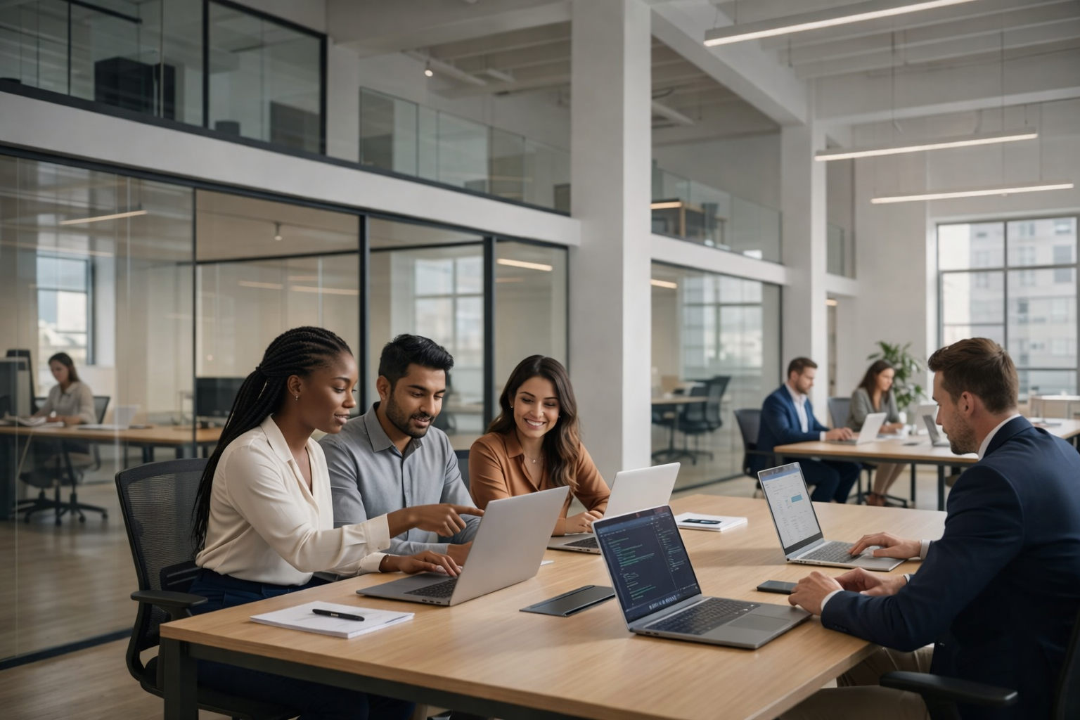 Oficina moderna de una pyme con profesionales trabajando en un entorno digital y eficiente impulsado por IA